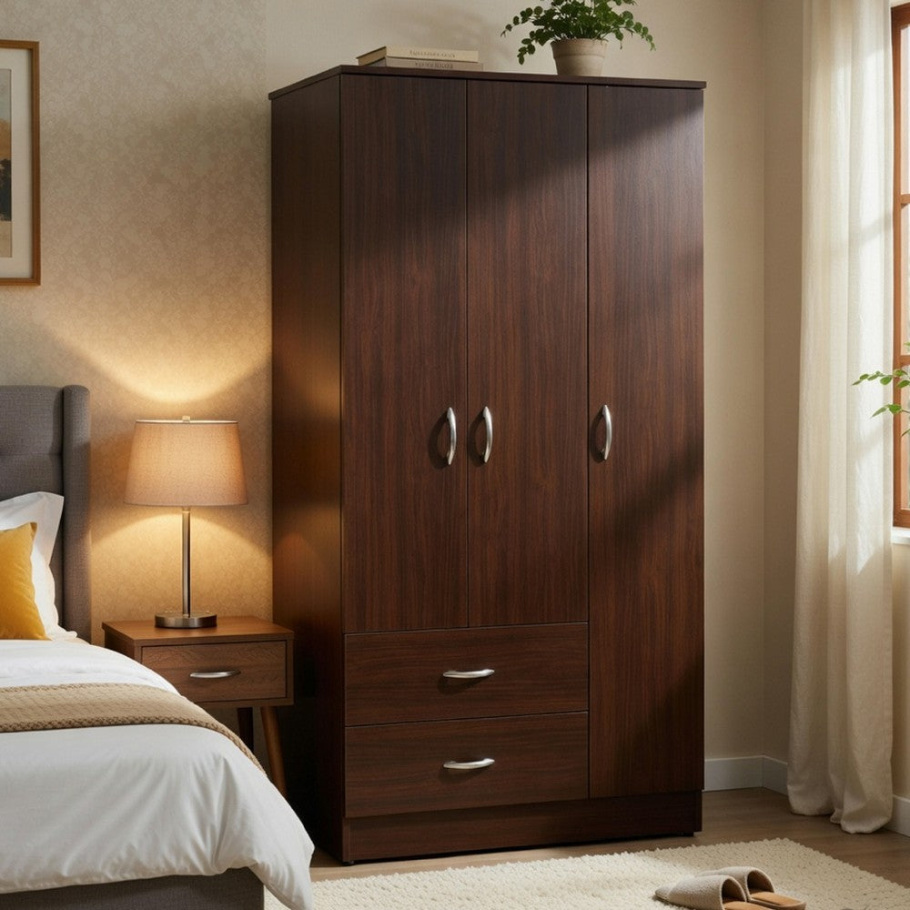Leh 3 Door Wardrobe Closet with 2 Drawers | Dark Espresso Brown Wood | 72"