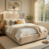 Seh Queen Size Platform Bed | Plush Beige Linen Upholstery | Low profile