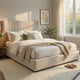 Seh Queen Size Platform Bed | Plush Beige Linen Upholstery | Low profile