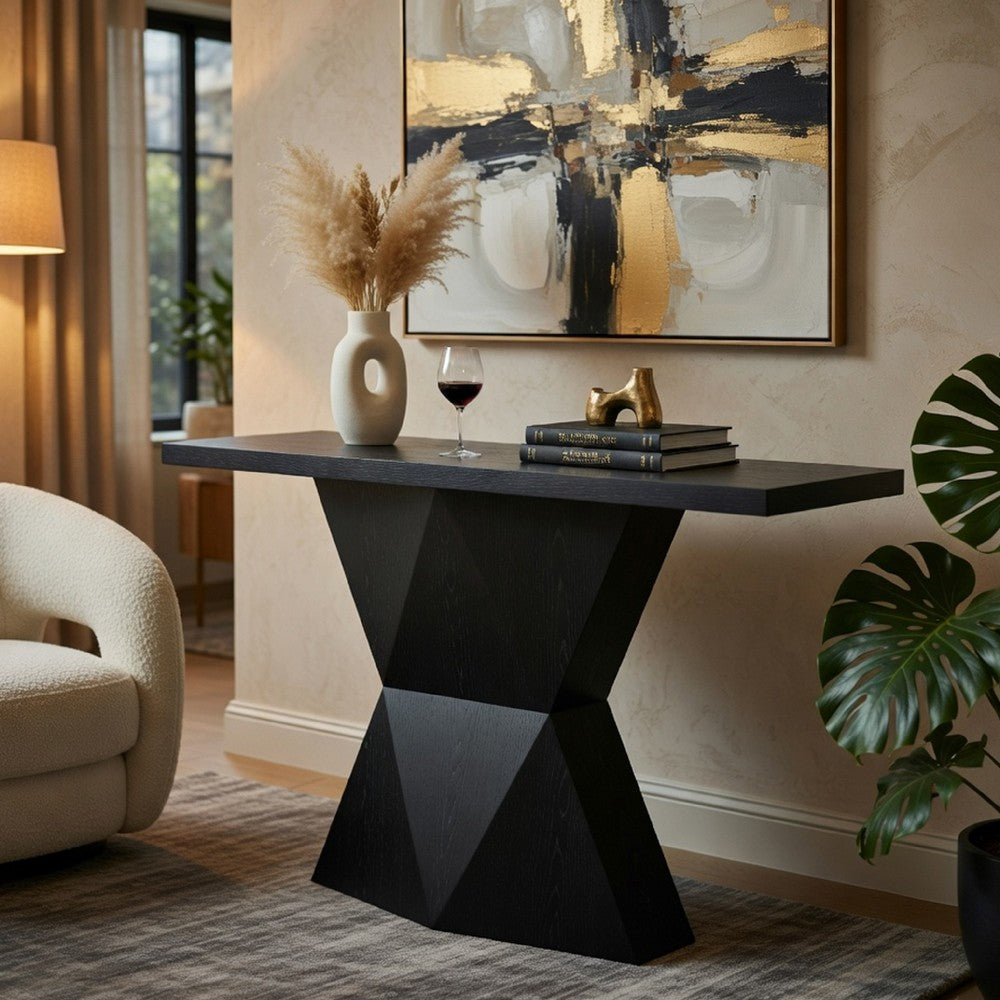 Kia Sofa Console Table | 47" Top | Geometric Pedestal Base | Black
