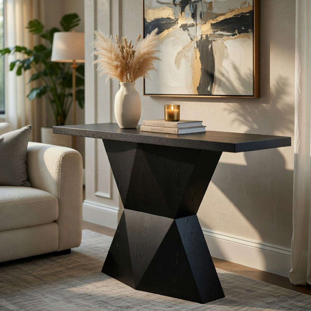 Kia Sofa Console Table | 47" Top | Geometric Pedestal Base | Black