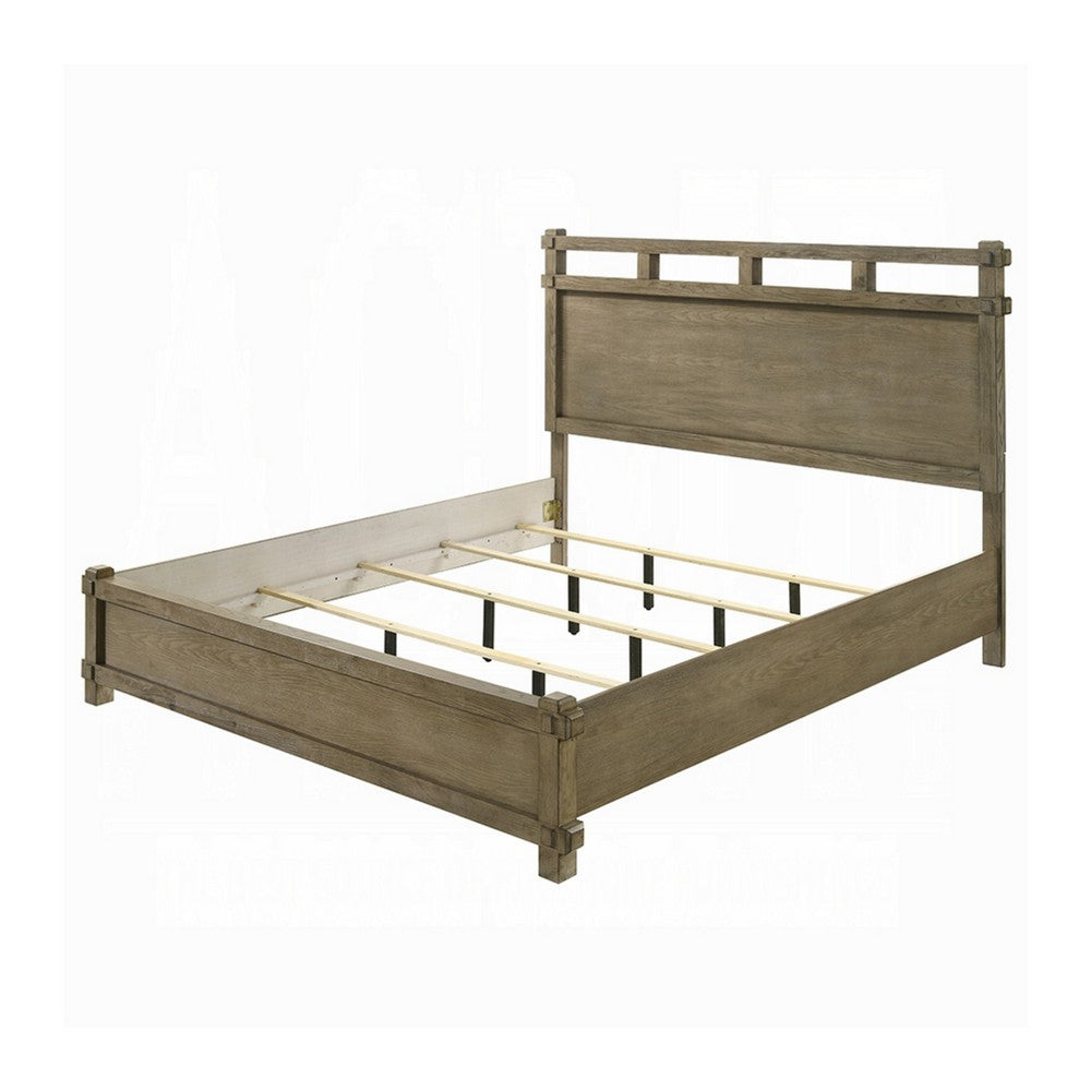 Cera Queen Size Bed | Panel Headboard with Top Rails | Antique Oak Brown