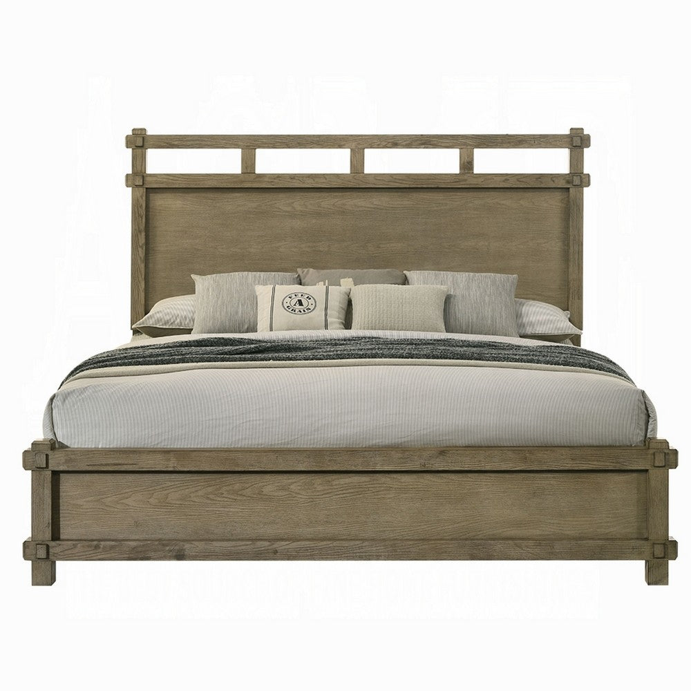 Cera Queen Size Bed | Panel Headboard with Top Rails | Antique Oak Brown