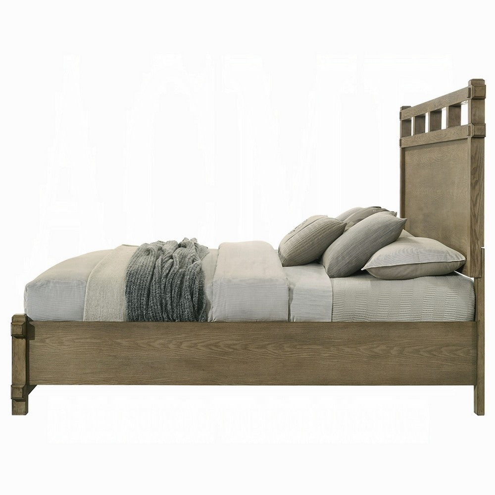 Cera Queen Size Bed | Panel Headboard with Top Rails | Antique Oak Brown