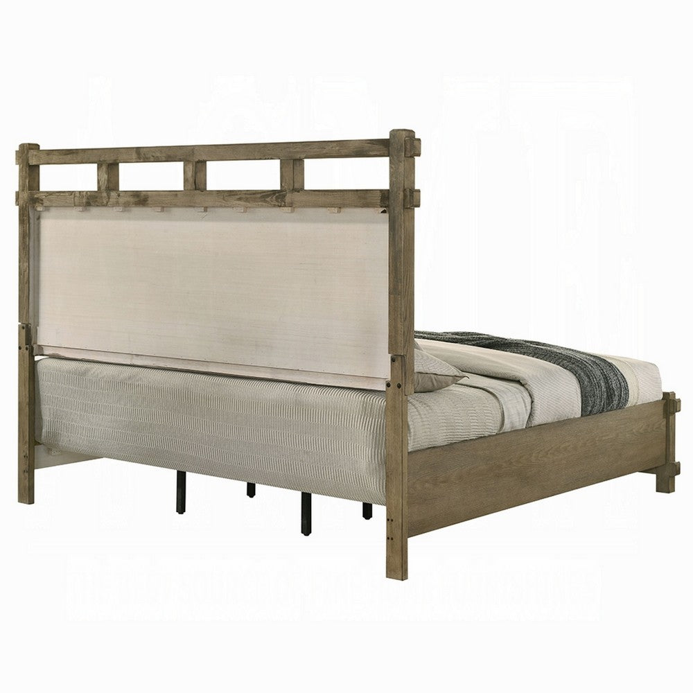Cera Queen Size Bed | Panel Headboard with Top Rails | Antique Oak Brown