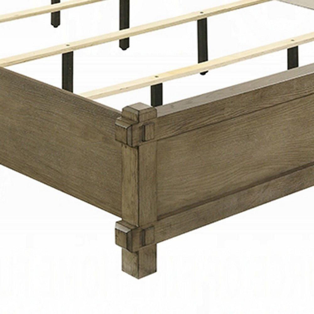 Cera Queen Size Bed | Panel Headboard with Top Rails | Antique Oak Brown