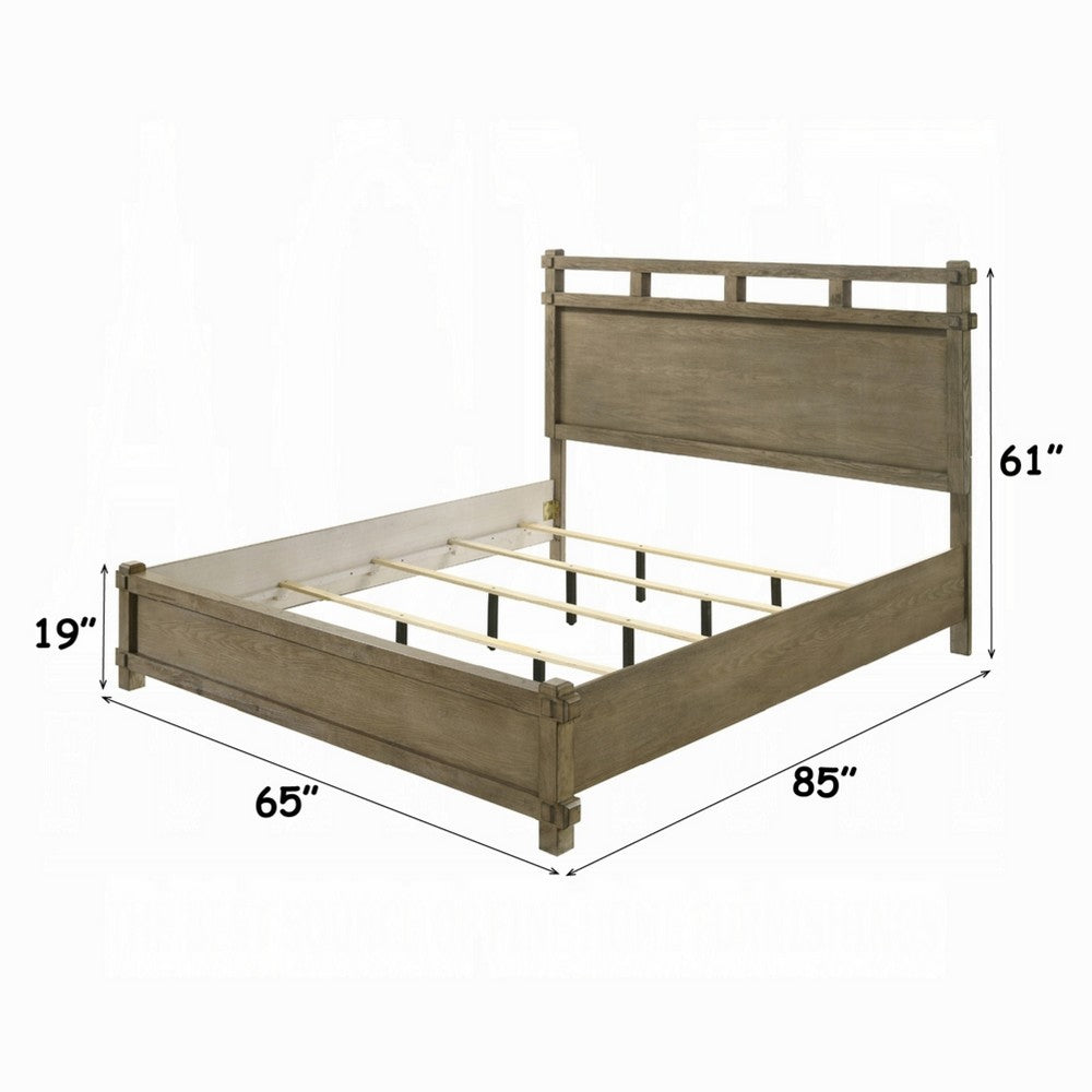 Cera Queen Size Bed | Panel Headboard with Top Rails | Antique Oak Brown