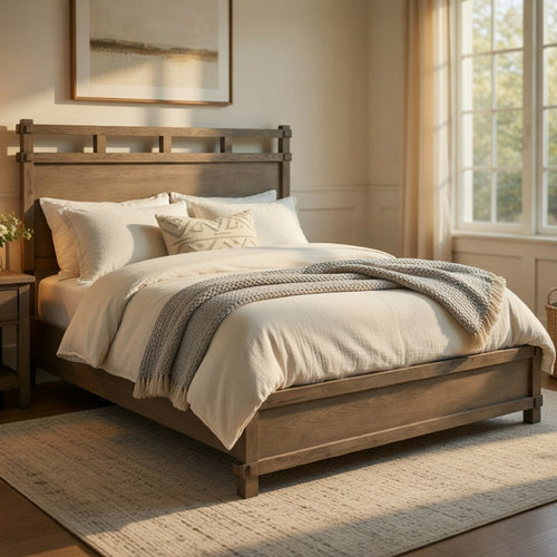 Cera Queen Size Bed | Panel Headboard with Top Rails | Antique Oak Brown
