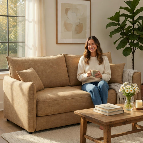 Mea Full Size Sleeper Sofa | 2 Throw Pillows | Plush Mocha Brown Chenille