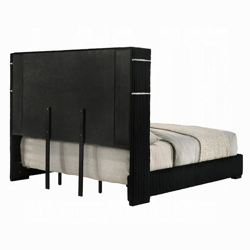 Nera King Size Bed with LED Fireplace Headboard | Black Corduroy Upholstery