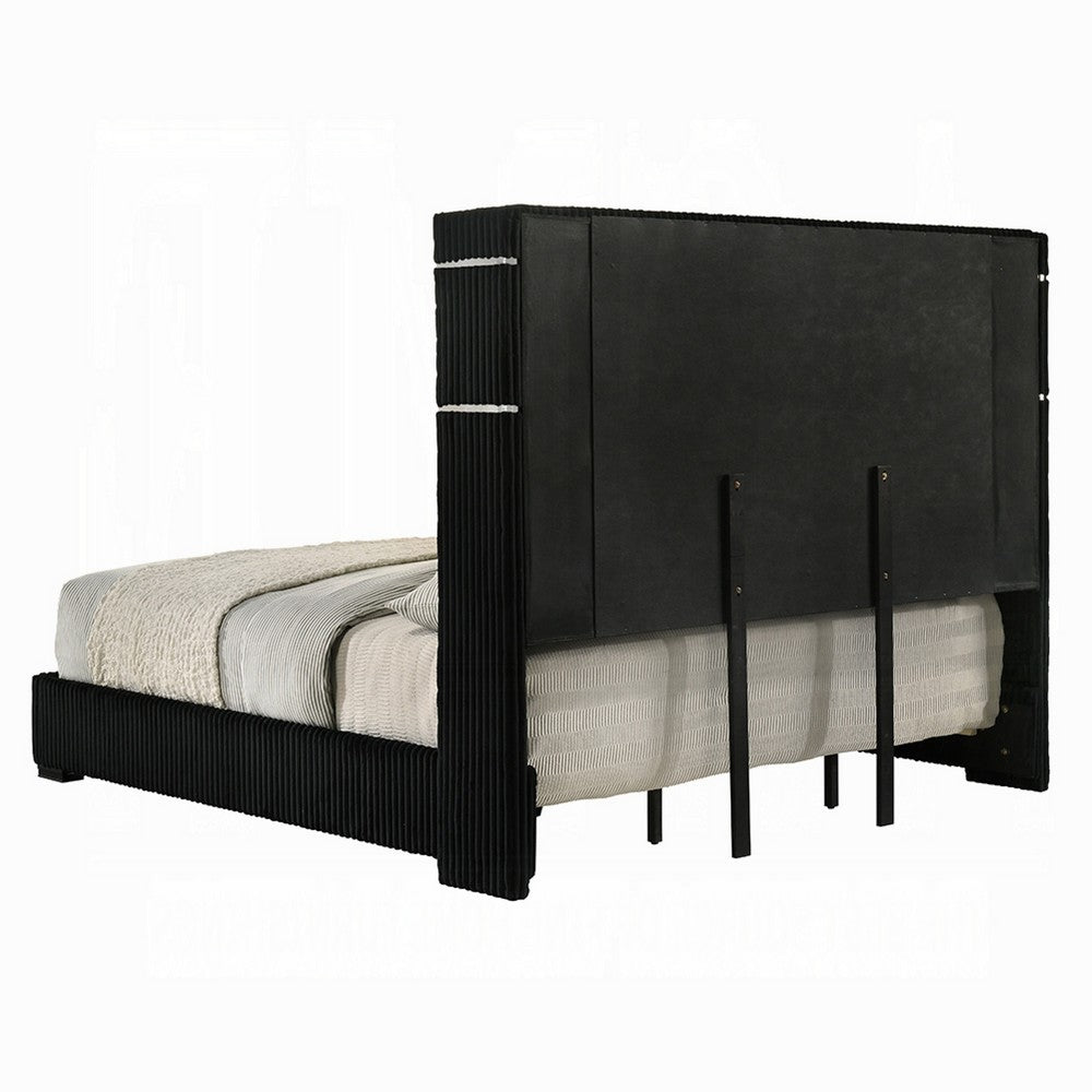 Nera King Size Bed with LED Fireplace Headboard | Black Corduroy Upholstery