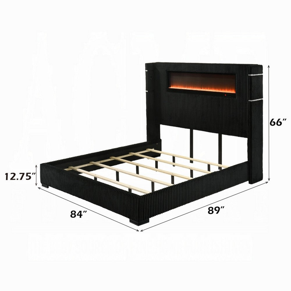 Nera King Size Bed with LED Fireplace Headboard | Black Corduroy Upholstery