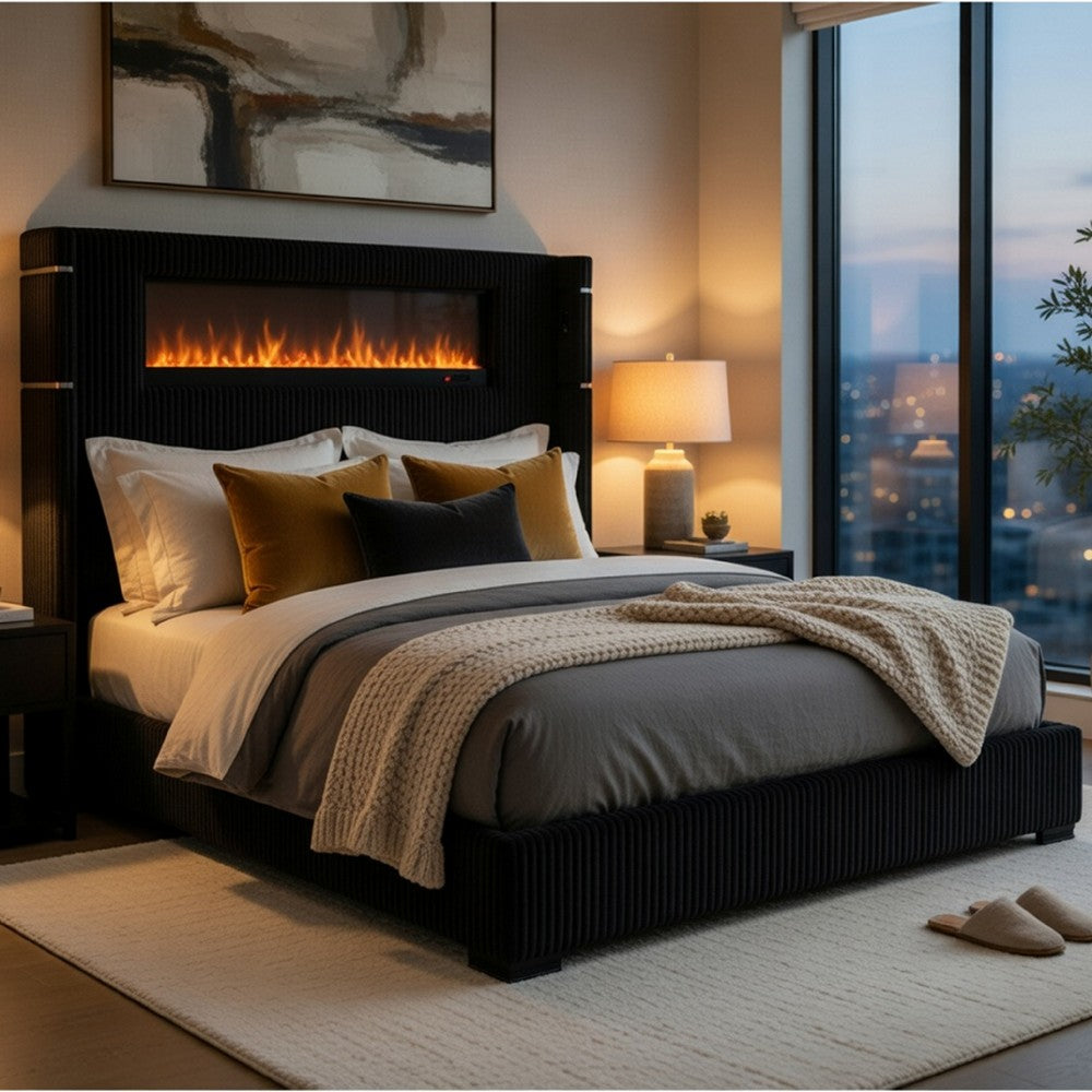 Nera King Size Bed with LED Fireplace Headboard | Black Corduroy Upholstery