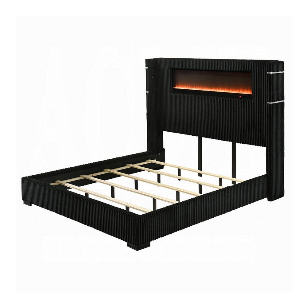 Nera Queen Size Bed with LED Fireplace Headboard | Black Corduroy Upholstery