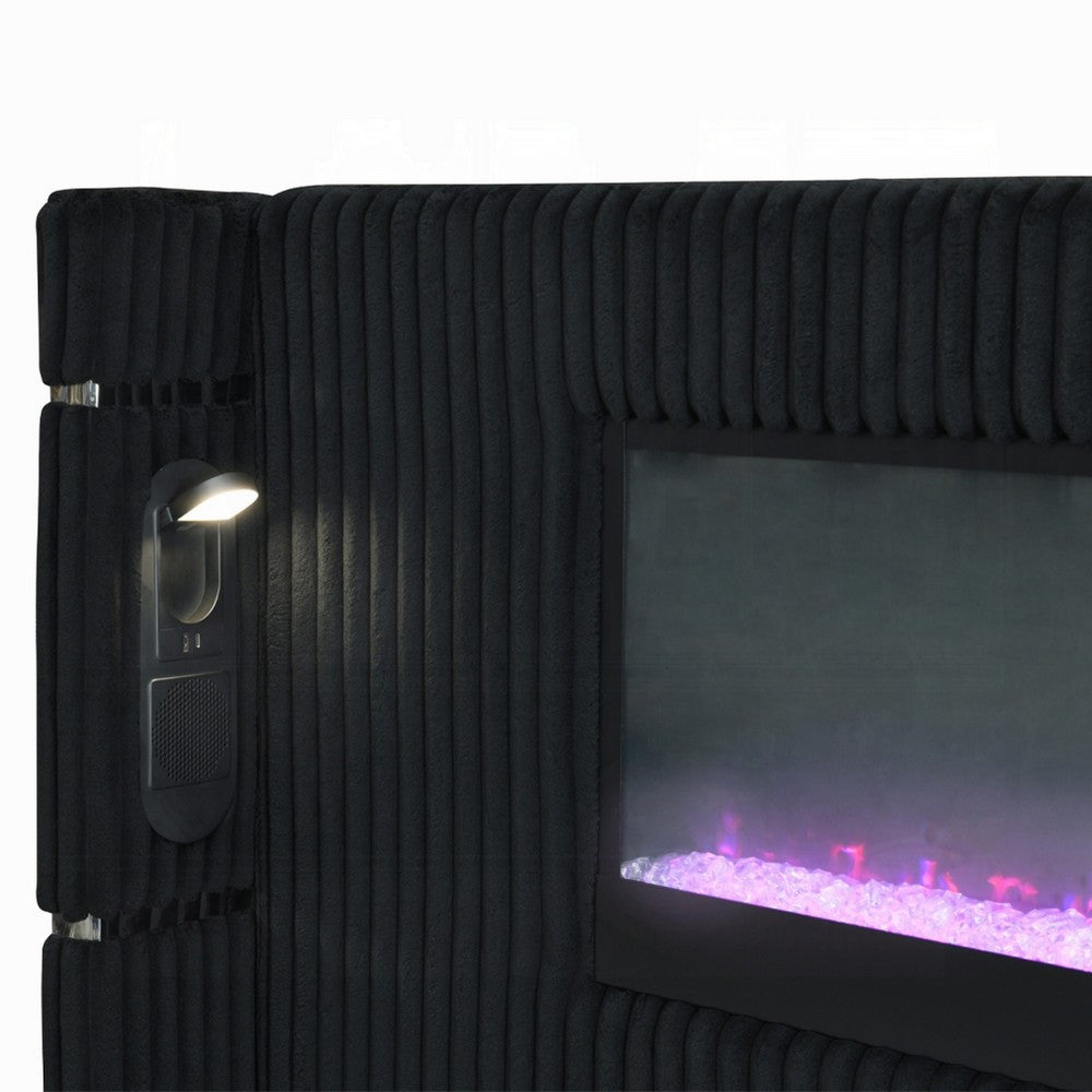 Nera Queen Size Bed with LED Fireplace Headboard | Black Corduroy Upholstery