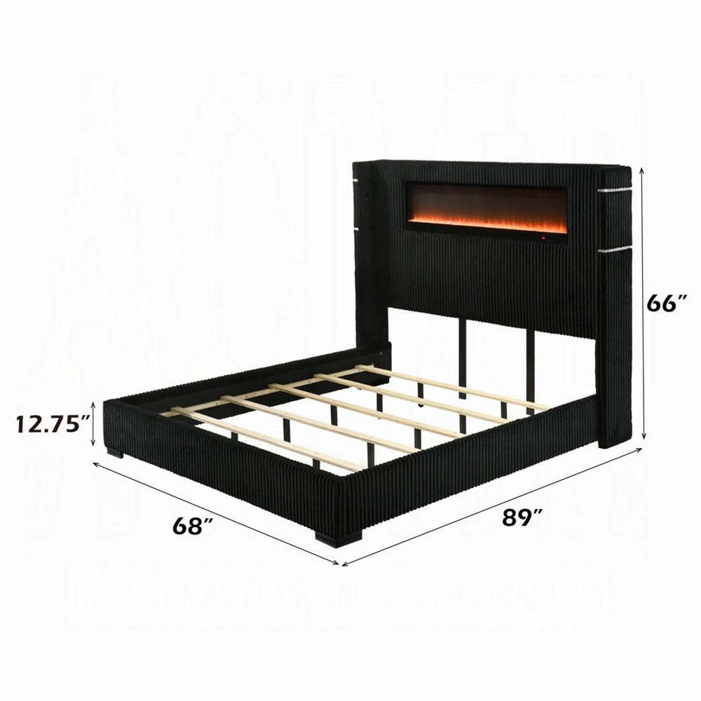 Nera Queen Size Bed with LED Fireplace Headboard | Black Corduroy Upholstery