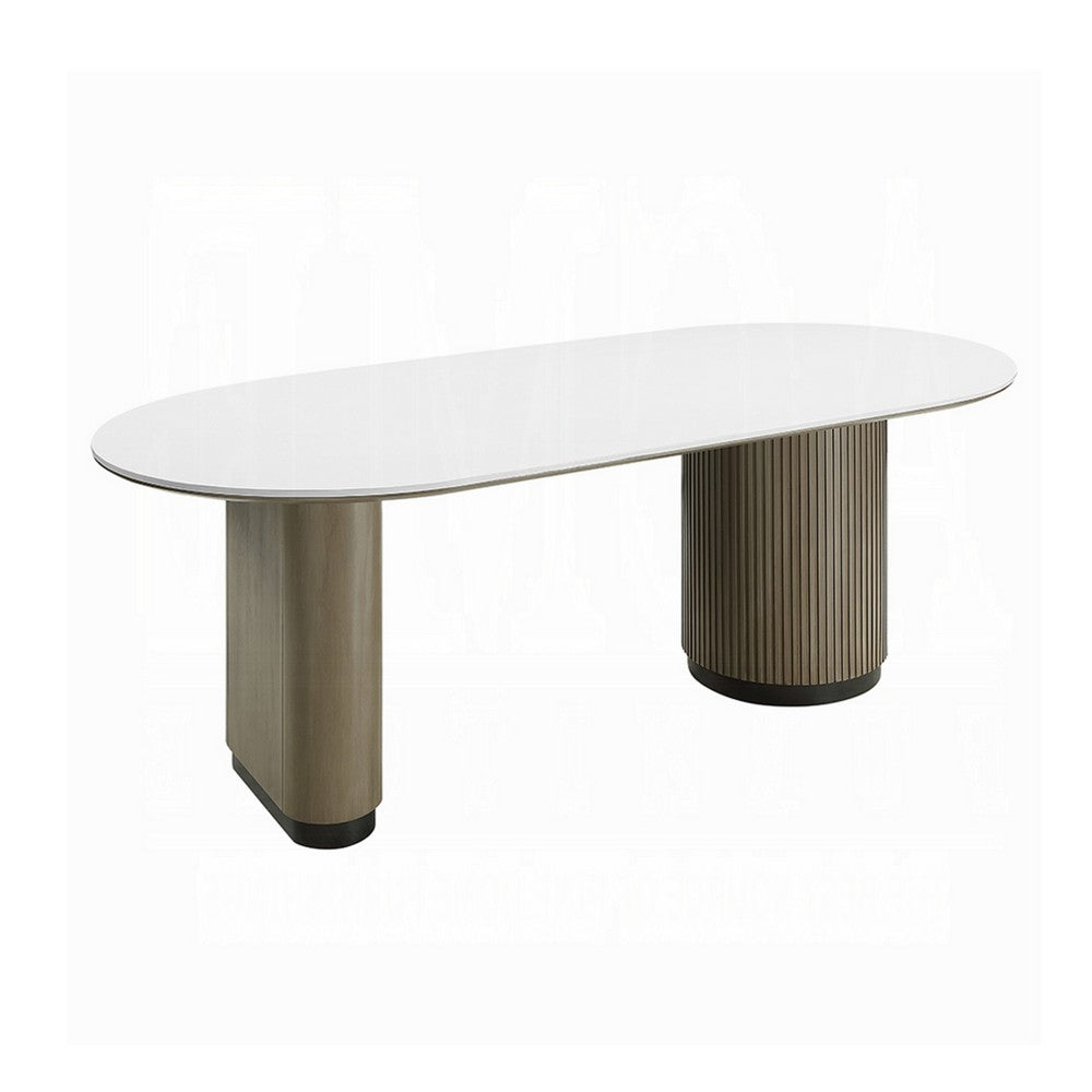 Jeh Dining Table | 87" White Oval Top | Dual Pedestal Base | Oak Brown