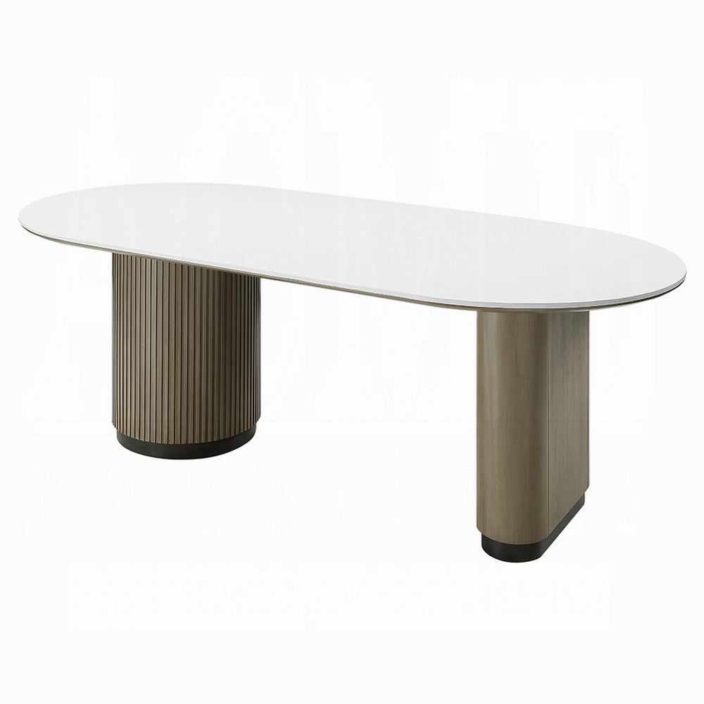 Jeh Dining Table | 87" White Oval Top | Dual Pedestal Base | Oak Brown