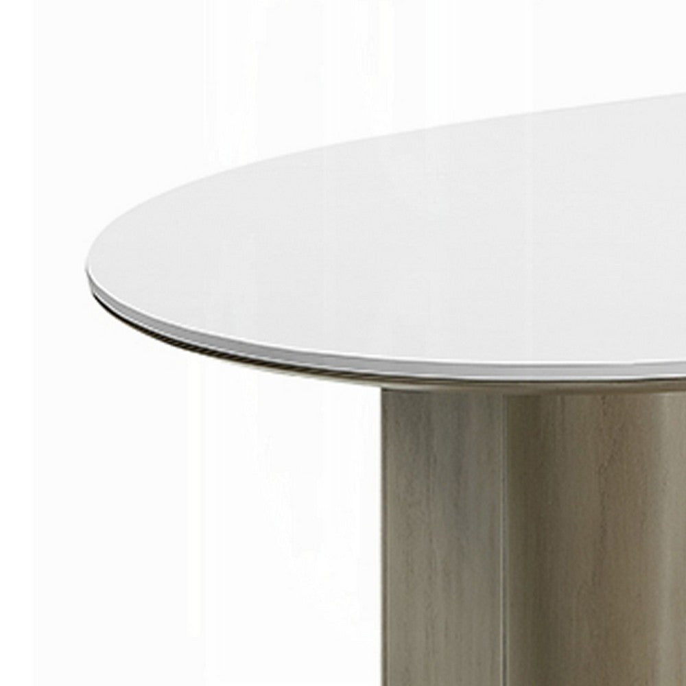 Jeh Dining Table | 87" White Oval Top | Dual Pedestal Base | Oak Brown