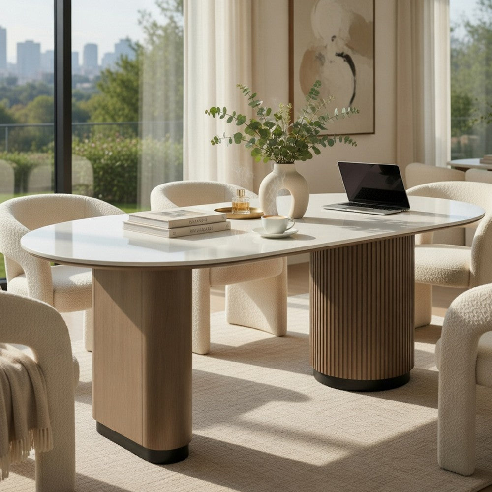 Jeh Dining Table | 87" White Oval Top | Dual Pedestal Base | Oak Brown