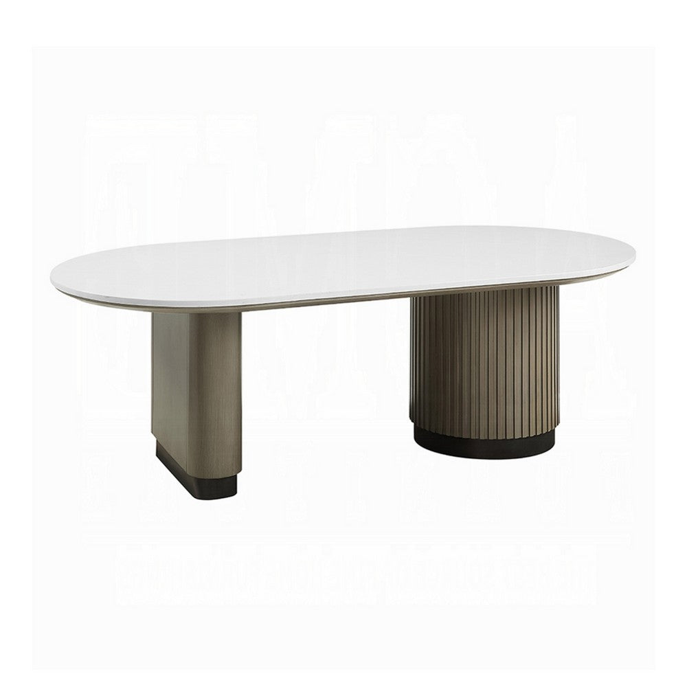 Jeh Coffee Table | 55" White Oval Top | Dual Pedestal Base | Oak Brown