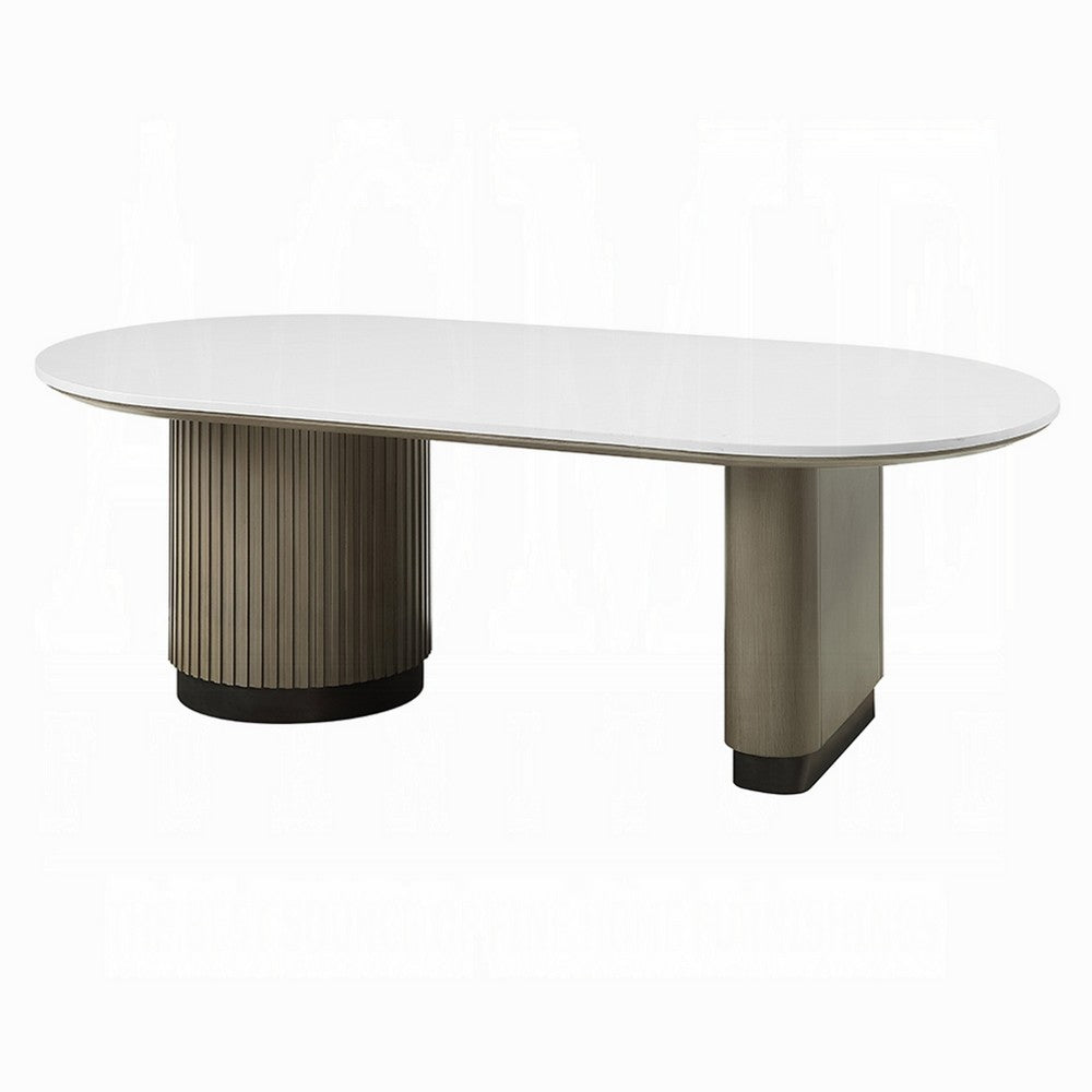Jeh Coffee Table | 55" White Oval Top | Dual Pedestal Base | Oak Brown