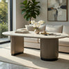 Jeh Coffee Table | 55" White Oval Top | Dual Pedestal Base | Oak Brown