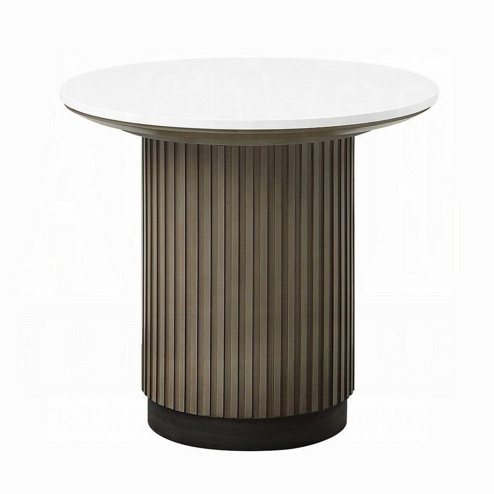 Jeh Side End Table | 22" White Round Top | Fluted Base | Oak Brown