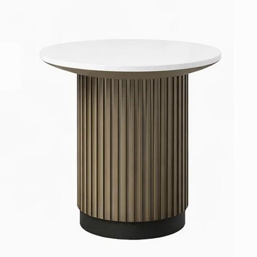 Jeh Side End Table | 22" White Round Top | Fluted Base | Oak Brown