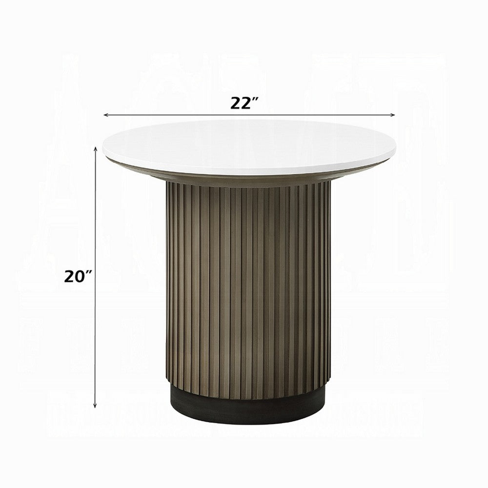 Jeh Side End Table | 22" White Round Top | Fluted Base | Oak Brown