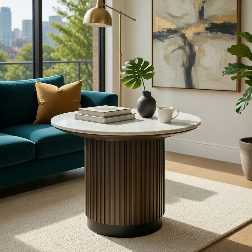Jeh Side End Table | 22" White Round Top | Fluted Base | Oak Brown