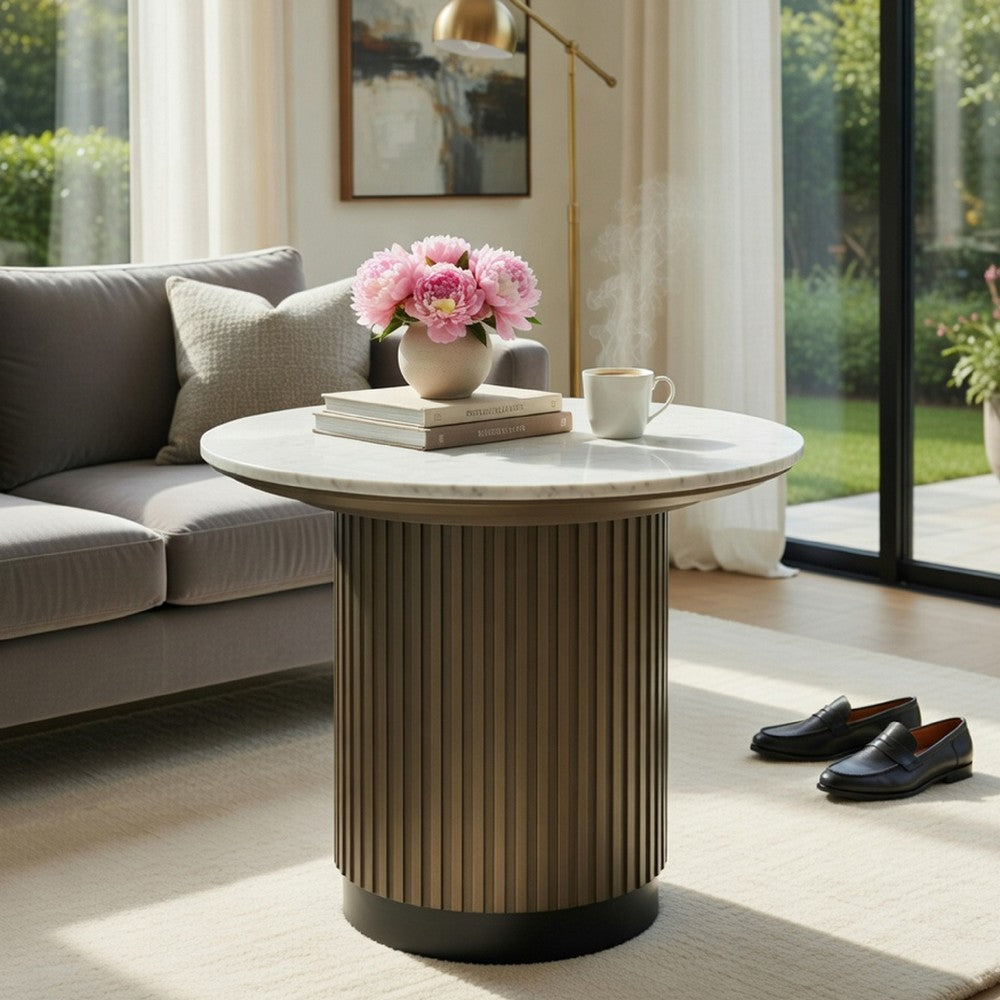 Jeh Side End Table | 22" White Round Top | Fluted Base | Oak Brown