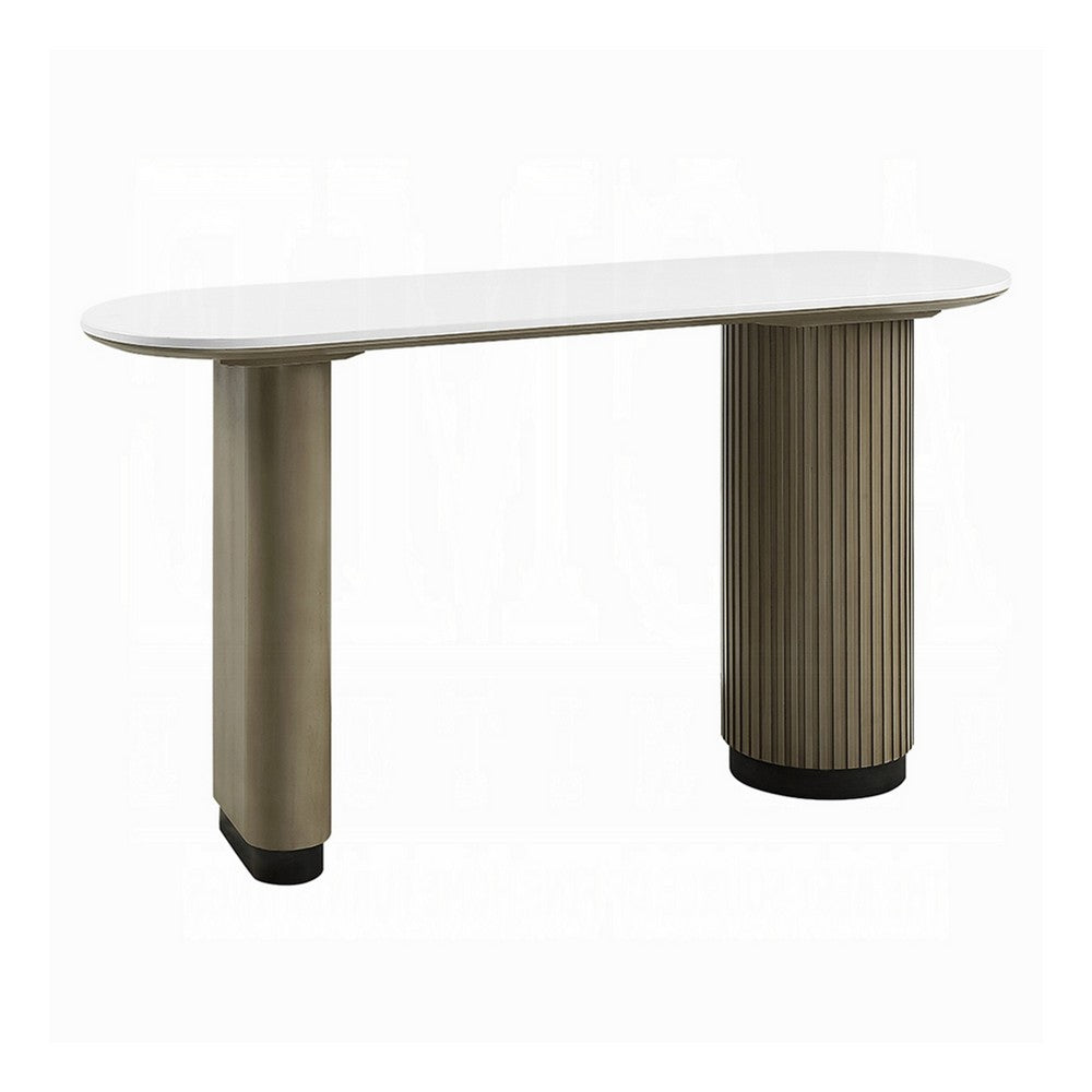 Jeh Sofa Console Table | 55" White Oval Top | Pedestal Base | Oak Brown