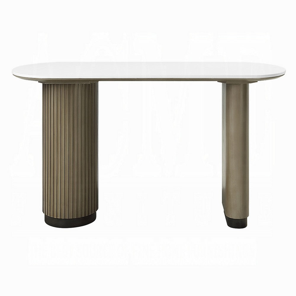 Jeh Sofa Console Table | 55" White Oval Top | Pedestal Base | Oak Brown