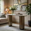 Jeh Sofa Console Table | 55" White Oval Top | Pedestal Base | Oak Brown