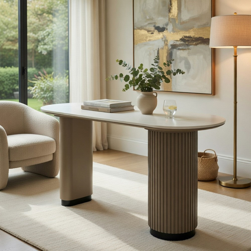 Jeh Sofa Console Table | 55" White Oval Top | Pedestal Base | Oak Brown