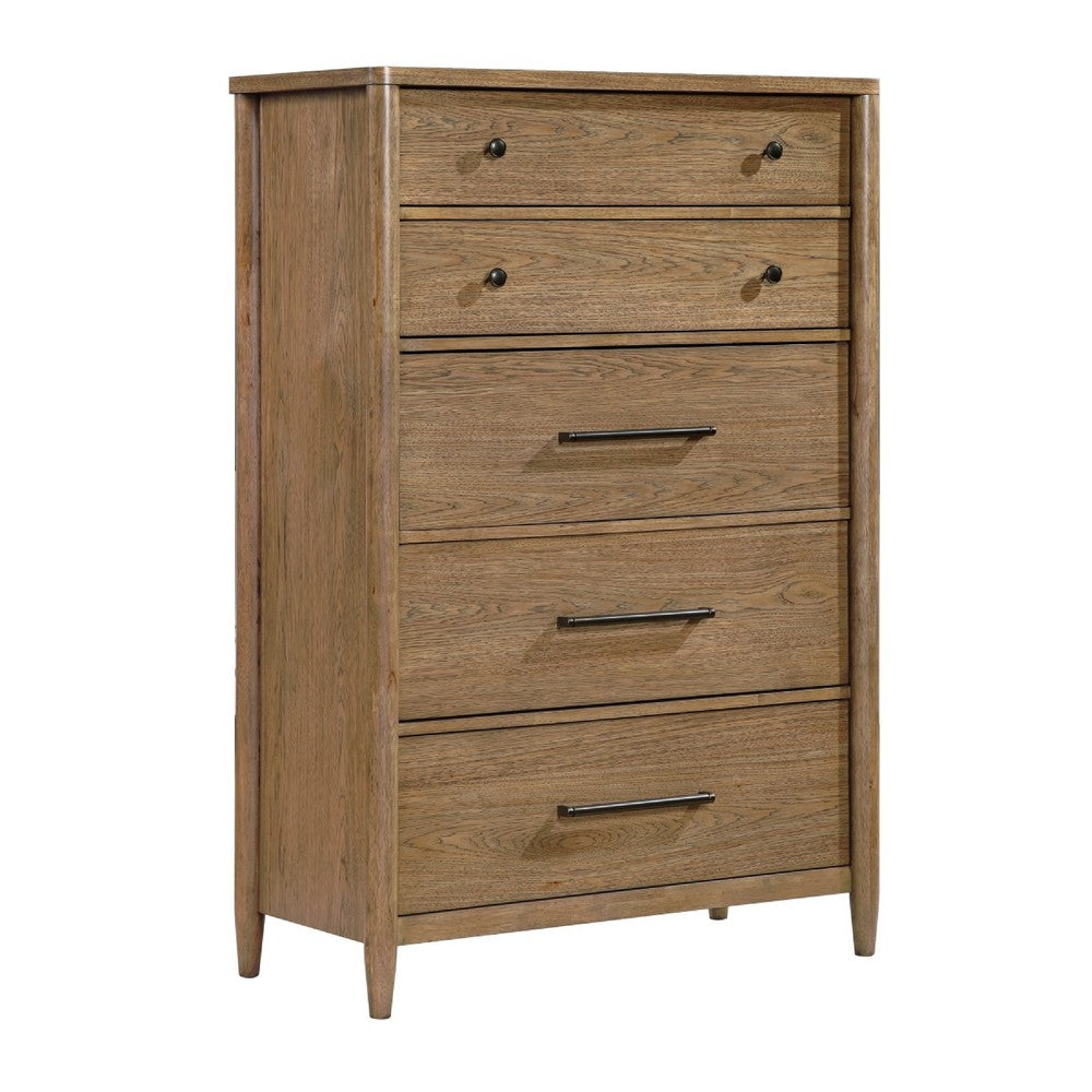Seny Tall Dresser Chest | 5 Drawers | Antique Black Bar Pulls | Brown
