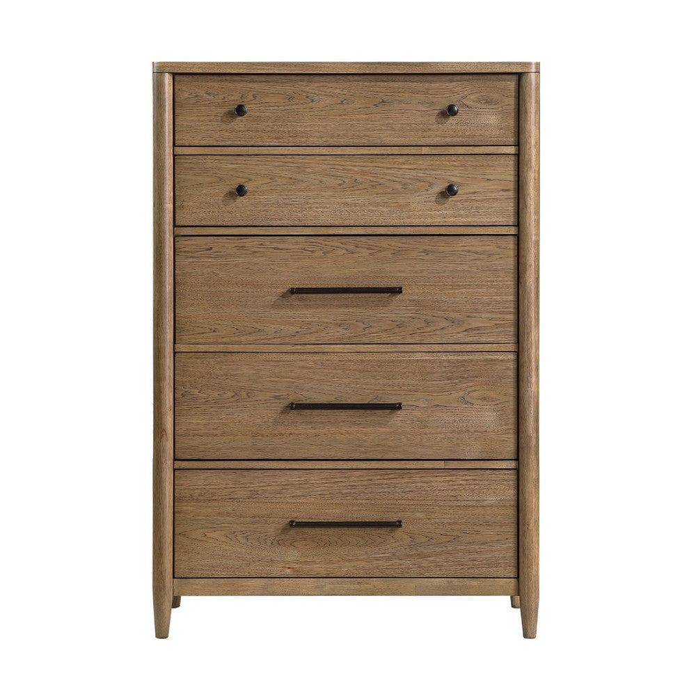 Seny Tall Dresser Chest | 5 Drawers | Antique Black Bar Pulls | Brown
