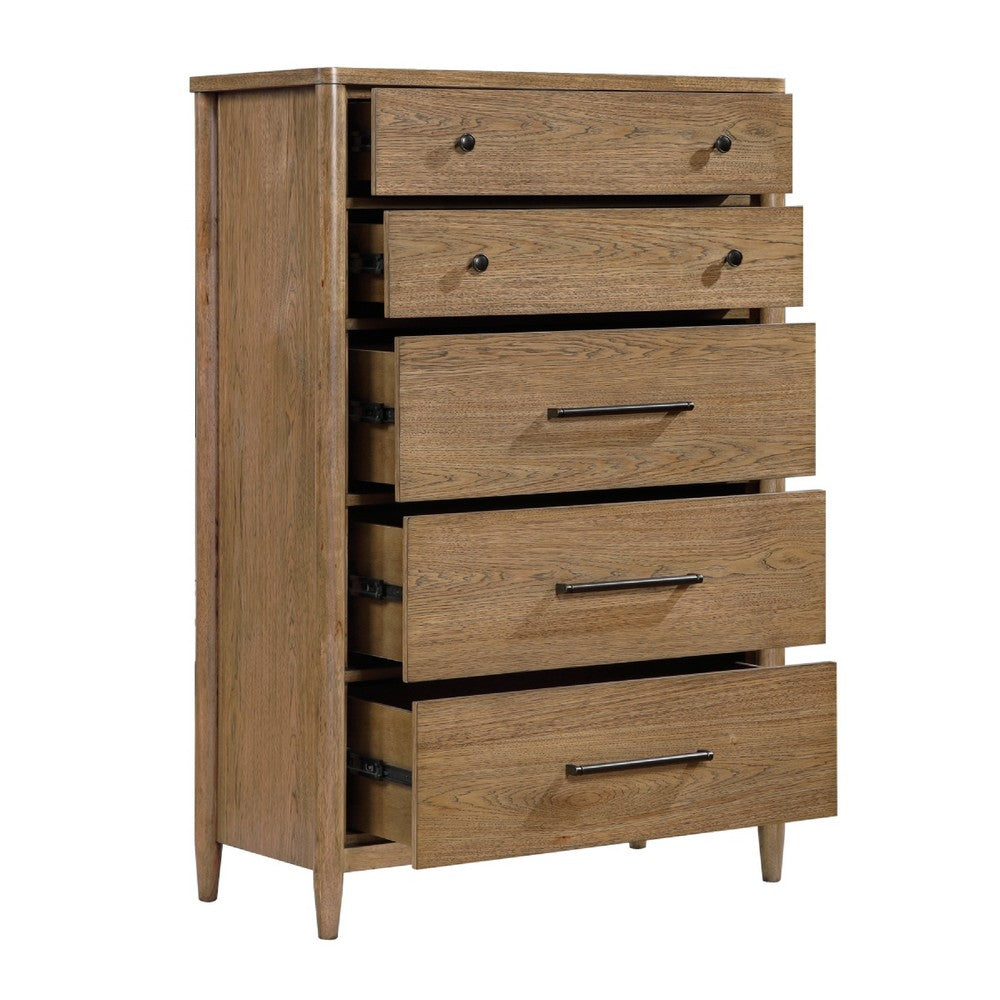 Seny Tall Dresser Chest | 5 Drawers | Antique Black Bar Pulls | Brown