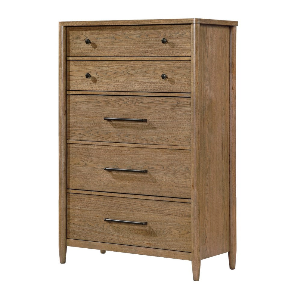 Seny Tall Dresser Chest | 5 Drawers | Antique Black Bar Pulls | Brown