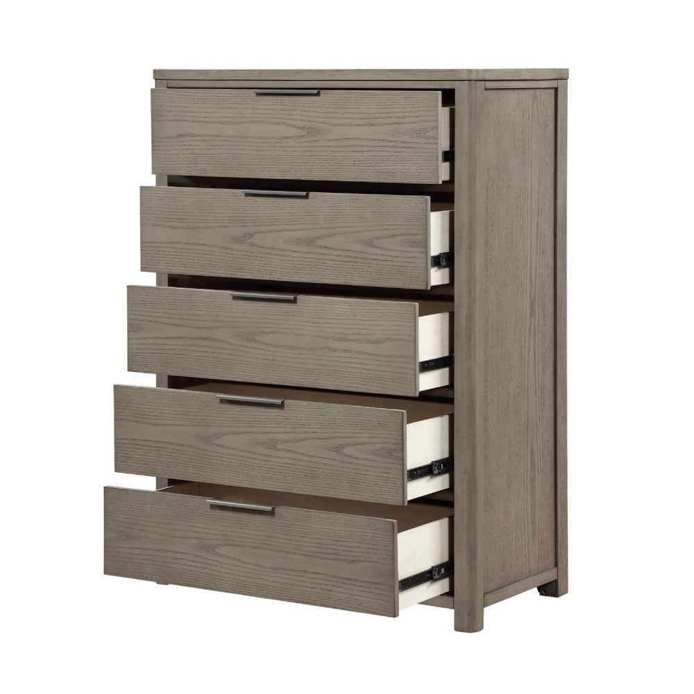 Delv Tall Dresser Chest | 5 Drawers | Chrome Edge Pulls | Light Gray