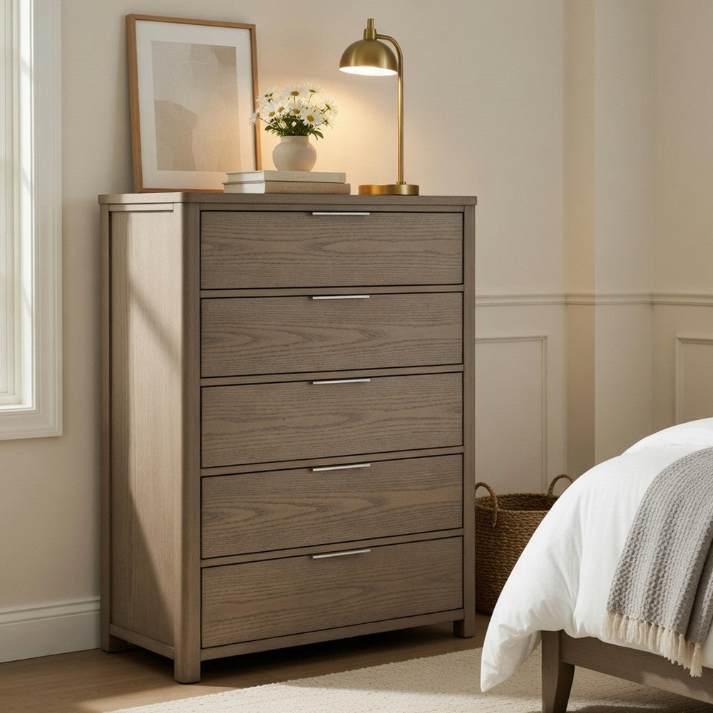 Delv Tall Dresser Chest | 5 Drawers | Chrome Edge Pulls | Light Gray