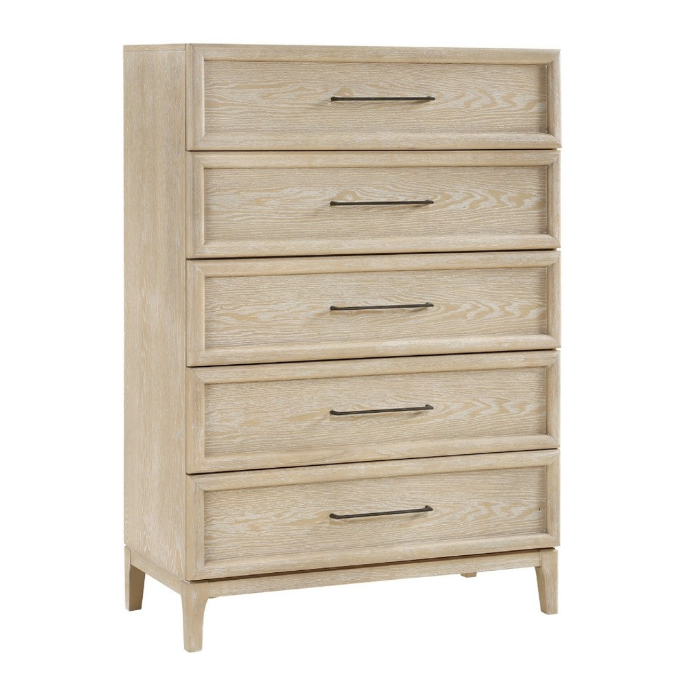 Ary Tall Dresser Chest | 5 Drawers | Black Bar Pulls | Light Brown