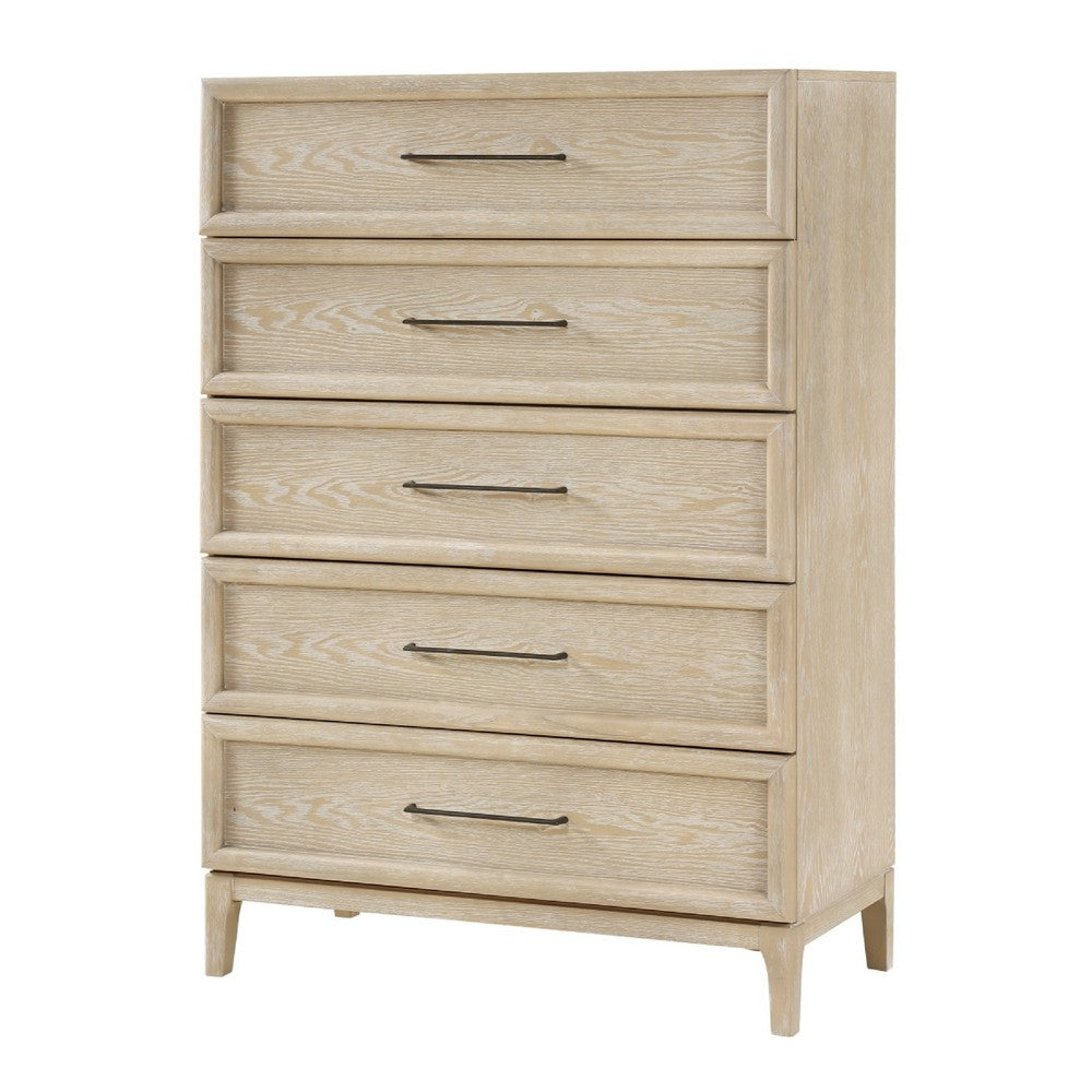 Ary Tall Dresser Chest | 5 Drawers | Black Bar Pulls | Light Brown