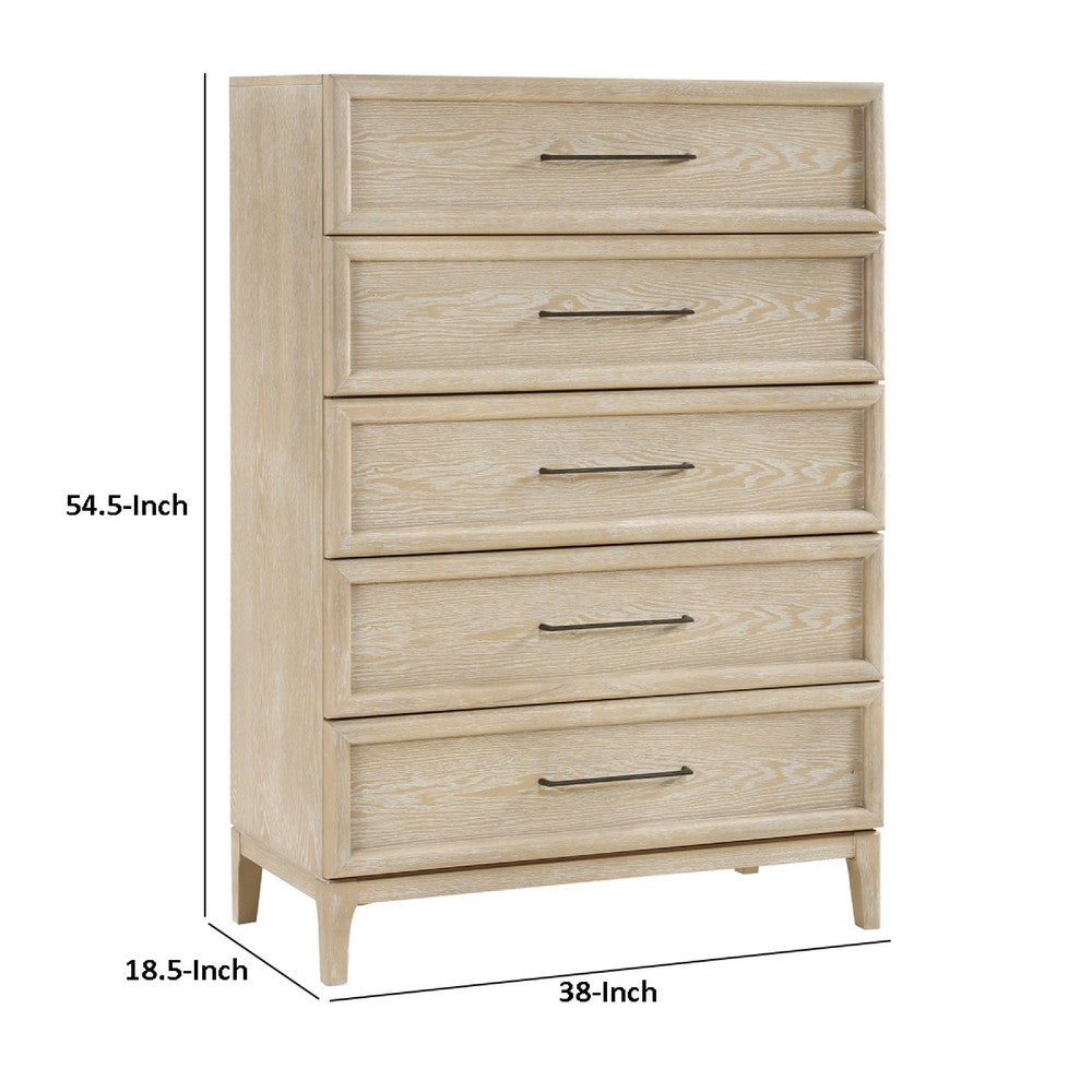 Ary Tall Dresser Chest | 5 Drawers | Black Bar Pulls | Light Brown