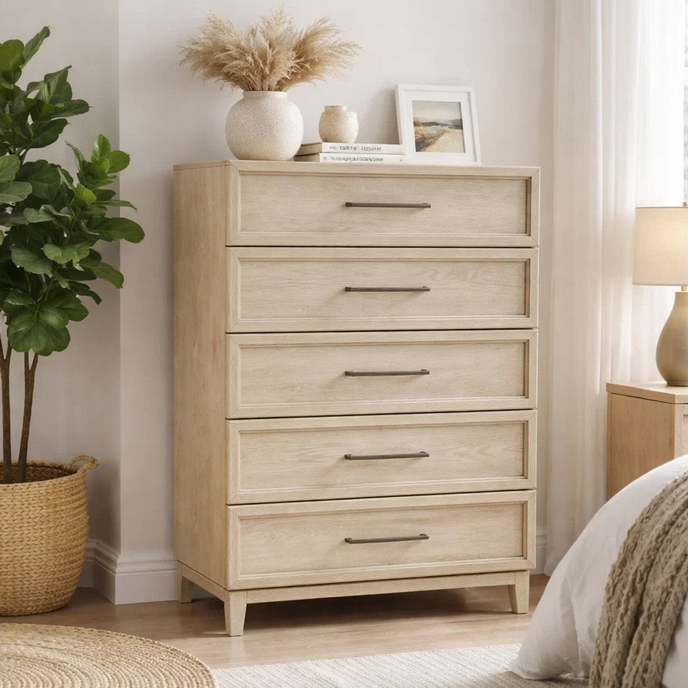Ary Tall Dresser Chest | 5 Drawers | Black Bar Pulls | Light Brown