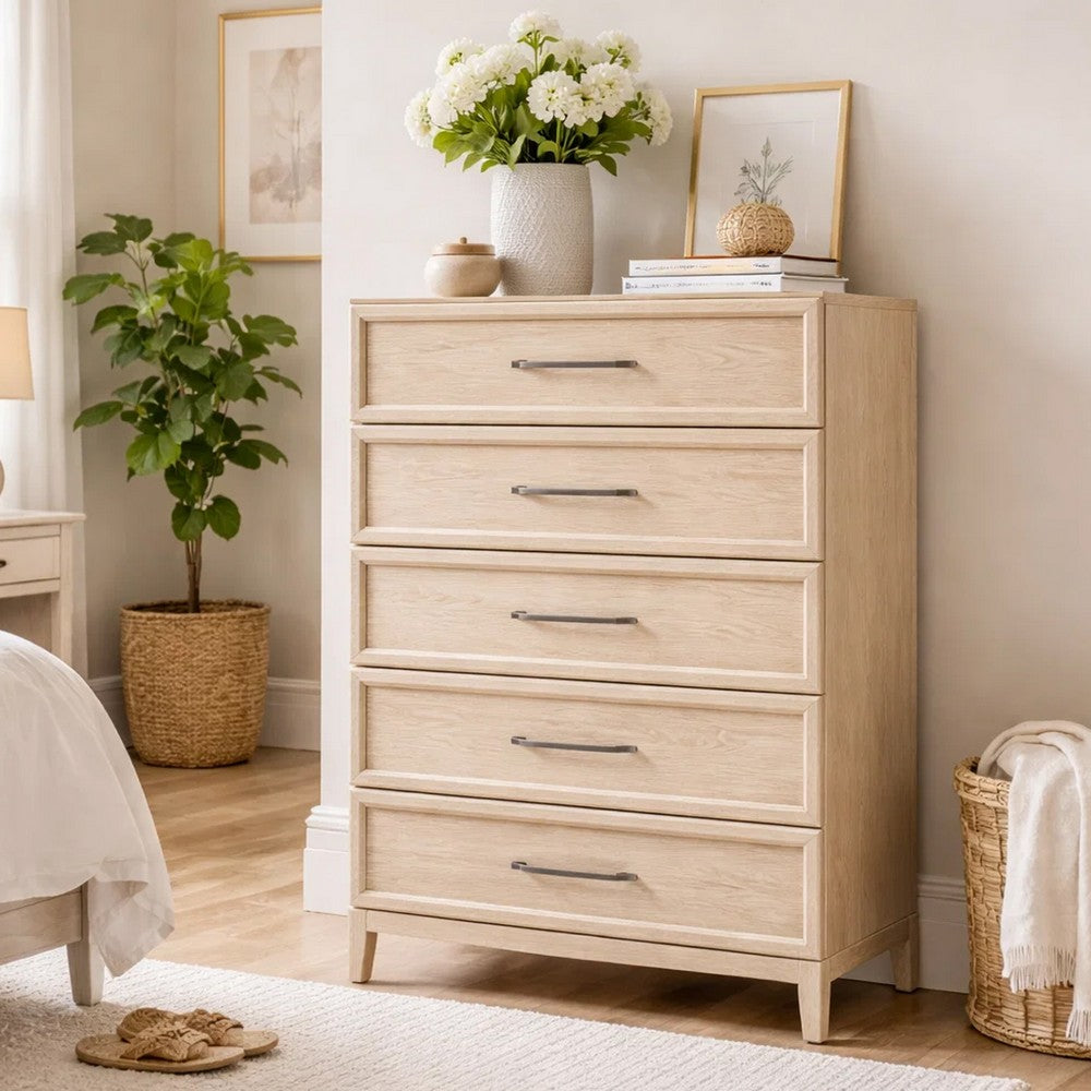 Ary Tall Dresser Chest | 5 Drawers | Black Bar Pulls | Light Brown