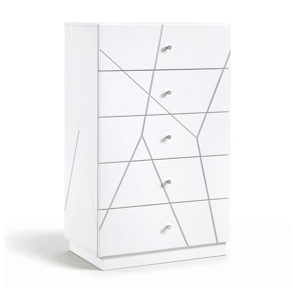 Oly Tall Dresser Chest | 5 Drawers | Glossy White Geometric Fronts