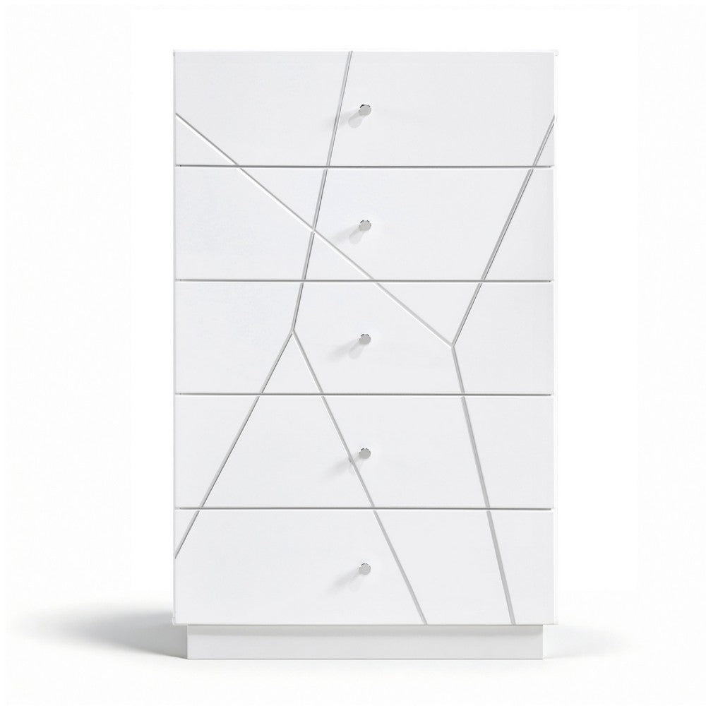 Oly Tall Dresser Chest | 5 Drawers | Glossy White Geometric Fronts
