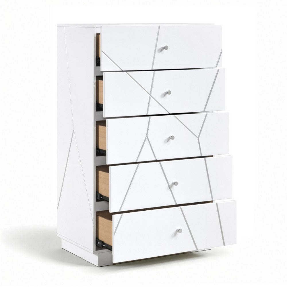 Oly Tall Dresser Chest | 5 Drawers | Glossy White Geometric Fronts